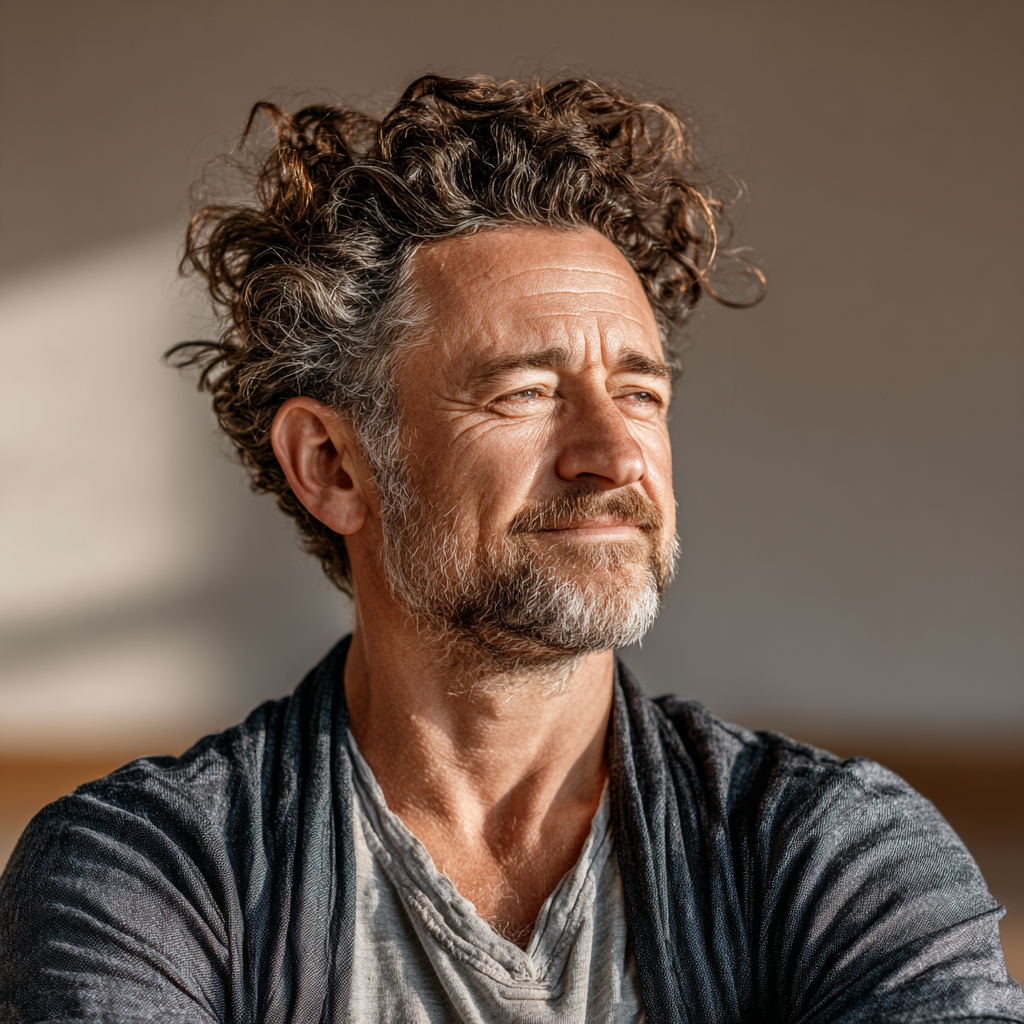 Confident man in his early 50s sitting comfortably in meditation position with gentle smile, wearing casual clothing in bright yoga studio with natural lighting