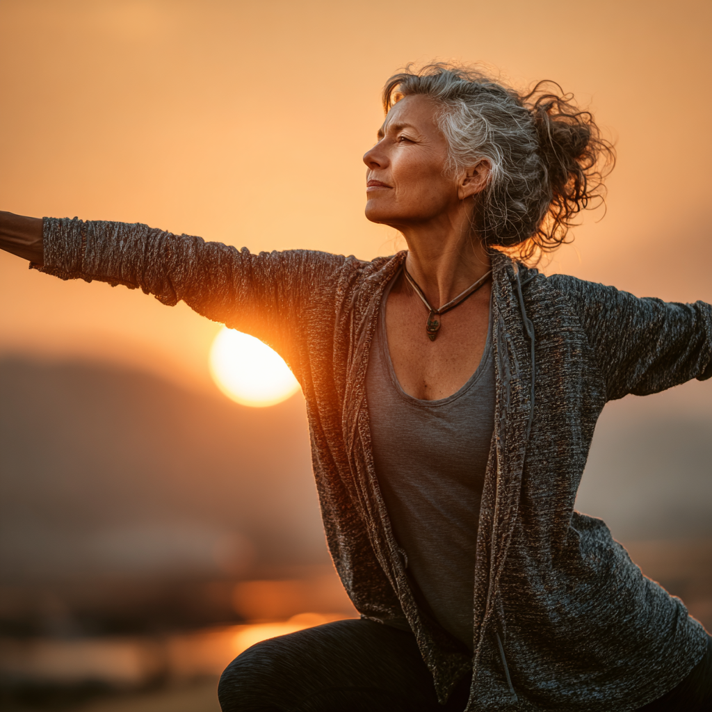 Mature woman in her late 40s performing yoga warrior pose outdoors during sunset, demonstrating strength and flexibility with focused expression and proper alignment